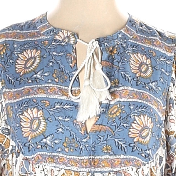 Lucky Brand size SP blouse blue & ivory BOHO 3/4 sleeves w keyhole & tassel ties - Picture 4 of 15